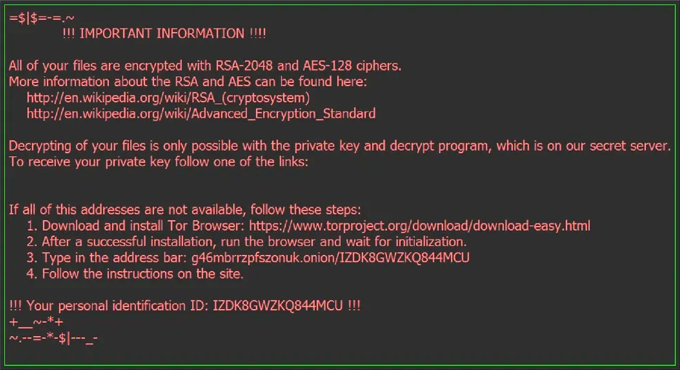 ‘All of your files are encrypted with RSA-2048 and AES-128 ciphers’ message by Locky
