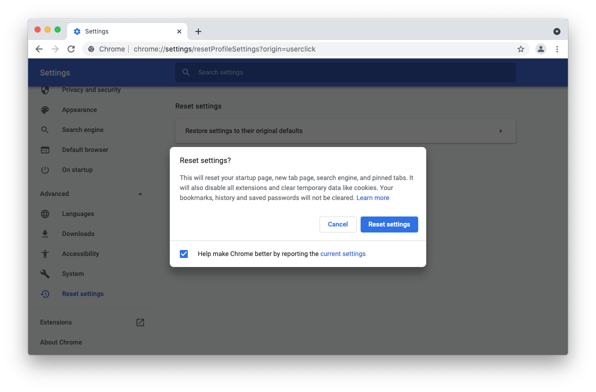 Reset Chrome Settings on Mac
