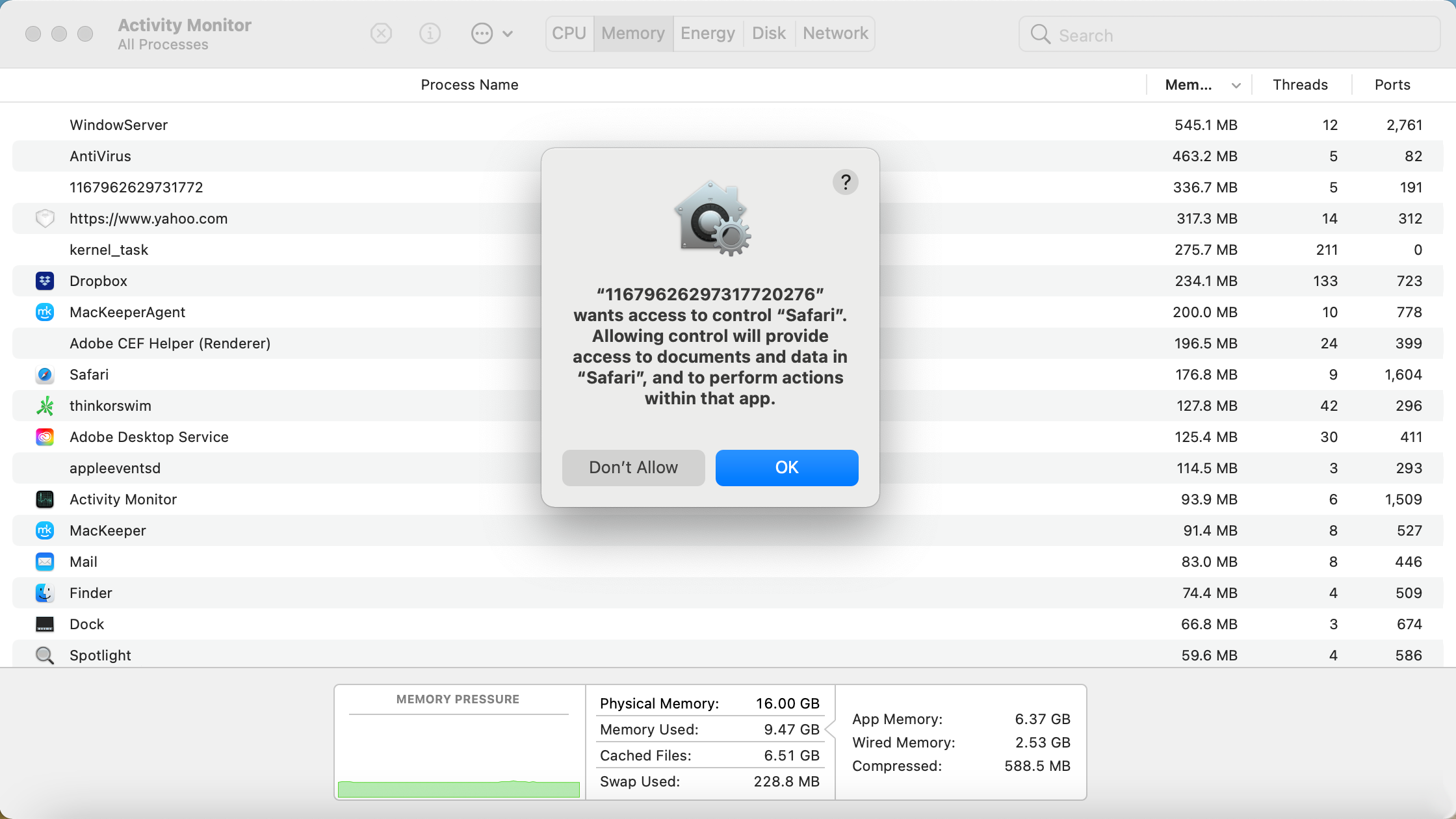 Rogue permission request obscured by the low memory alert on Mac