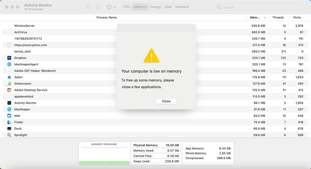 Fake ‘Your computer is low on memory’ pop-up on Mac